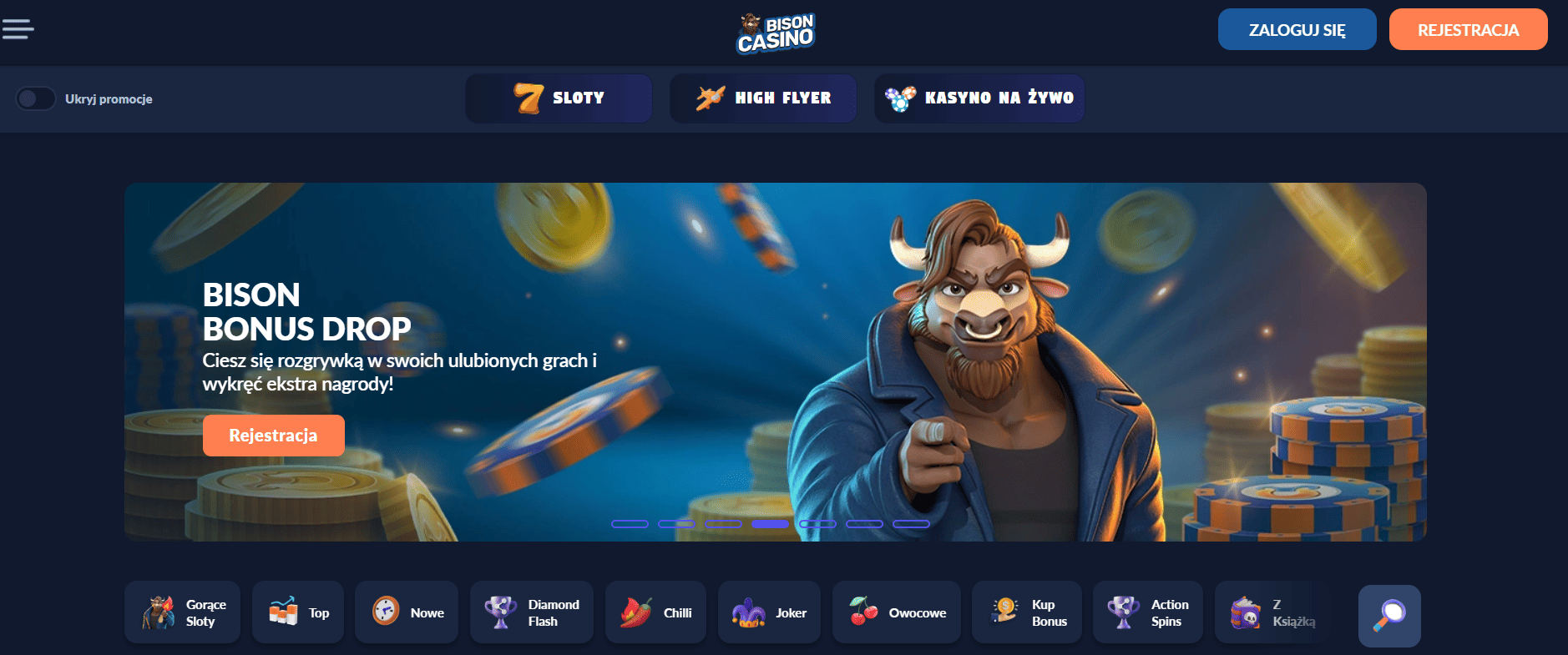 Strona główna Bison Casino - interfejs i gry